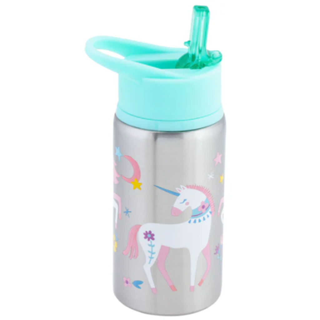 Botella termica de acero inoxidable plateada con diseño de unicornio