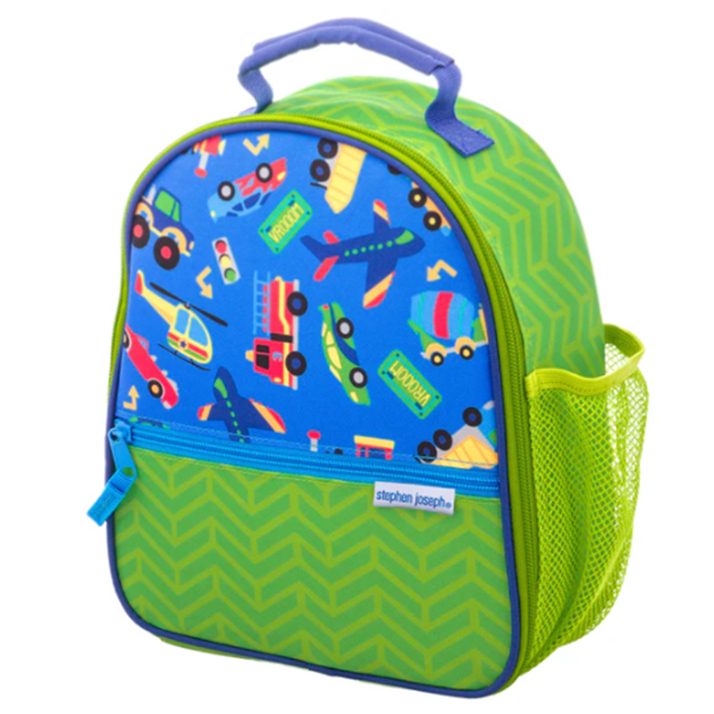 Lonchera para niño color azul con diseño de transportes