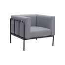 Sofa individual para exterior con estructura de aluminio color negro y tapiceria de color gris oscuro