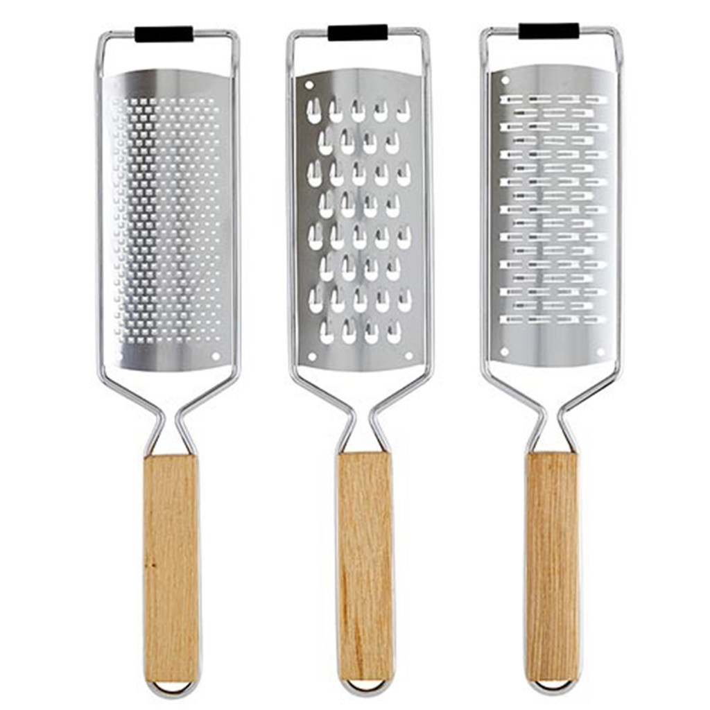Set de 3 ralladores de queso de acero inoxidable y mango de madera 10 x 15 x 1″