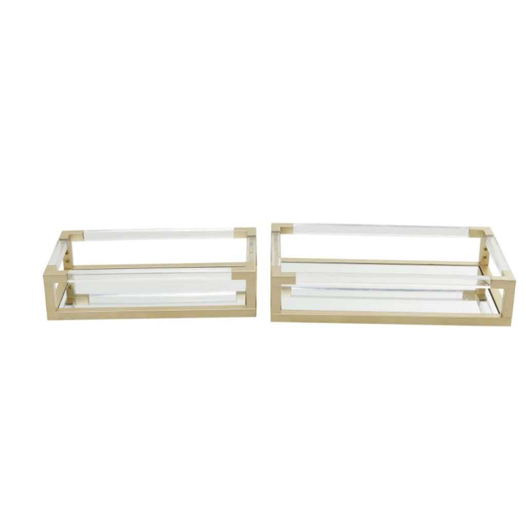 Bandeja de espejo con aza de acrílico y metal dorado 18″