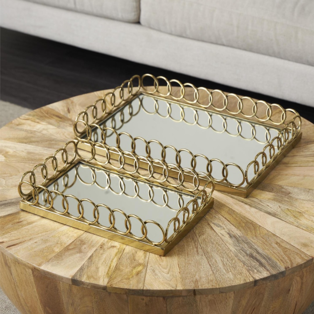 Bandeja Decorativa con Espejo, Dorada 14″