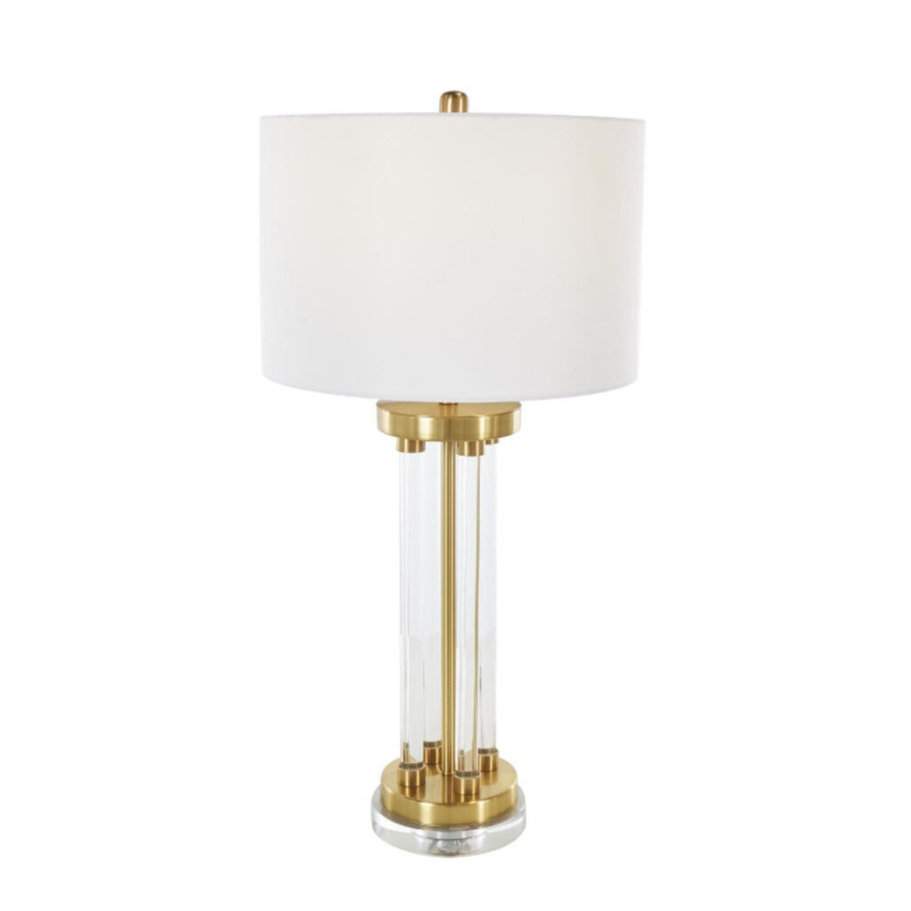 Lámpara de mesa con varillas de cristal transparente y base dorada