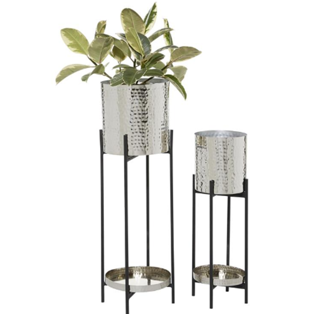 set de 2 macetas cilindrica plateada base negra 24″ y 32″