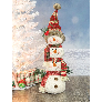 Torre de munecos de nieve apilados hacia arriba con peso para sostener puertas gorro rojo y pom pom