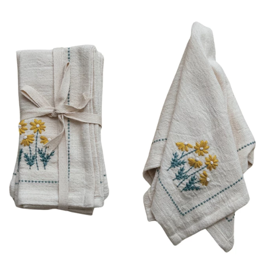Set de 4 Servilletas de Tela Bordado de Flor