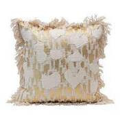 Cojin  algodon de 18"x18" color crema con flecos y lamina dorada