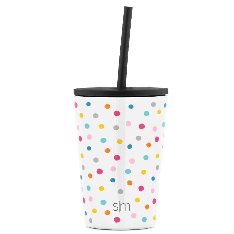 Vaso clasico con tapadera transparente con lunares de colores paraniño de 12 oz