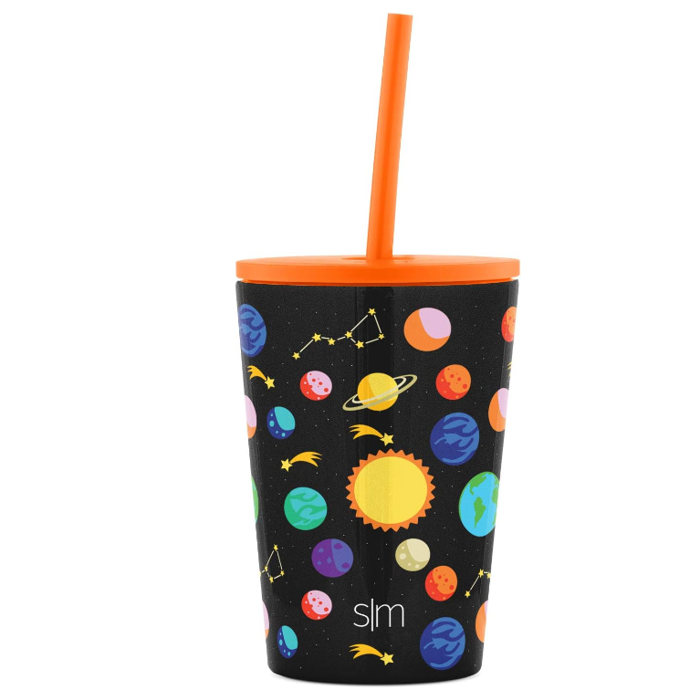 Vaso clasico con tapadera de galaxia en fondo negro para niño 12 oz