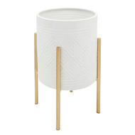 Maceta jardinera azteca color blanco son soporte de metal dorado 14x14x23