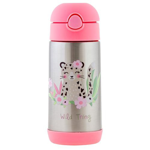Termo de leopardo de acero inoxidable con tapadera de presion rosada