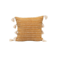 Cojin de rallas y borlas en mostaza y blanco 22"