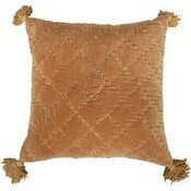 Cojin de terciopelo 20"x20" patron rombo en costura y borlas  mostaza