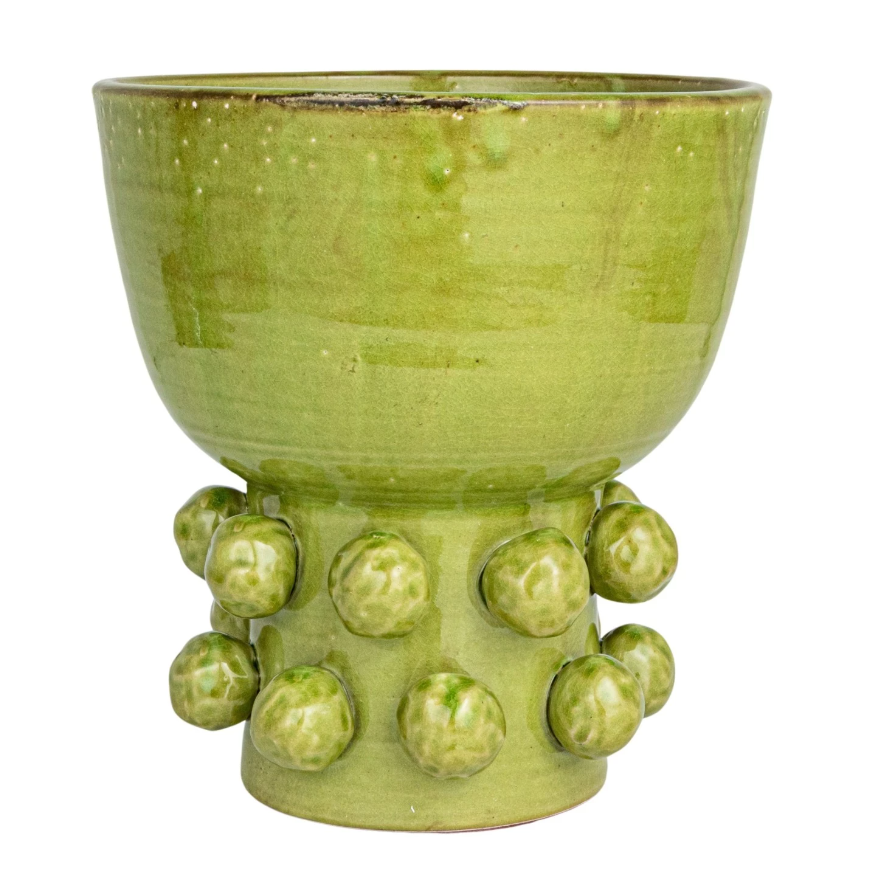 Florero de Terracota con Relieve de Tachuelas y Base – Verde