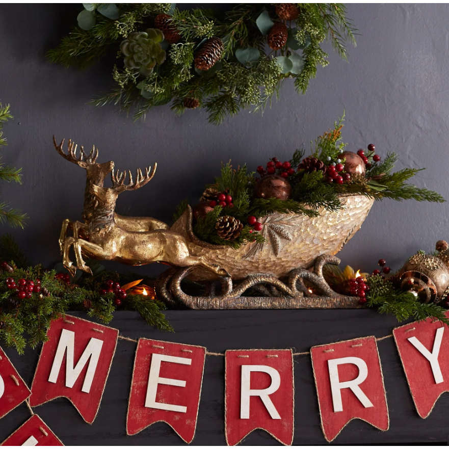 "Reno con Trineo de Resina Tono Dorado 14"