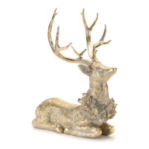 Figura de Venado Echado con Corona Navideña, Dorado, 48.3 cm