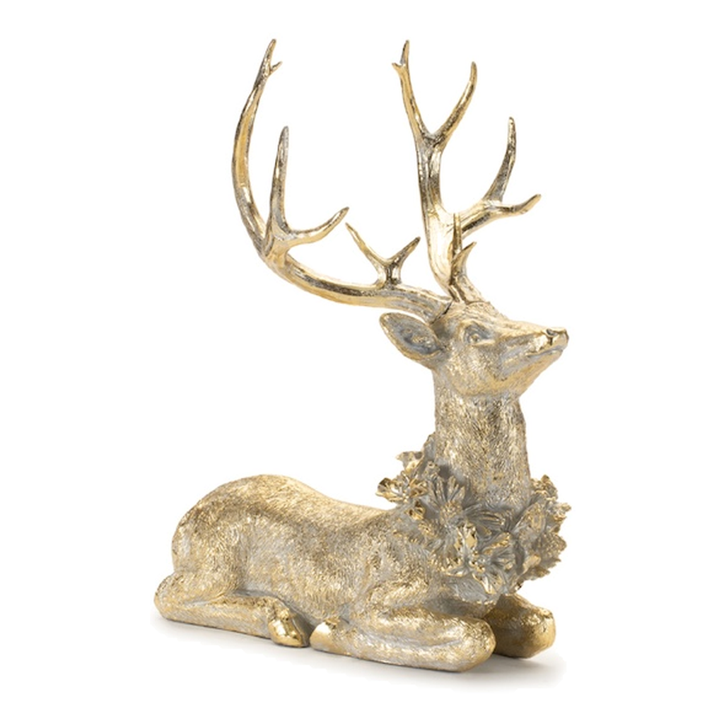 Figura de Venado Echado con Corona Navideña, Dorado, 48.3 cm
