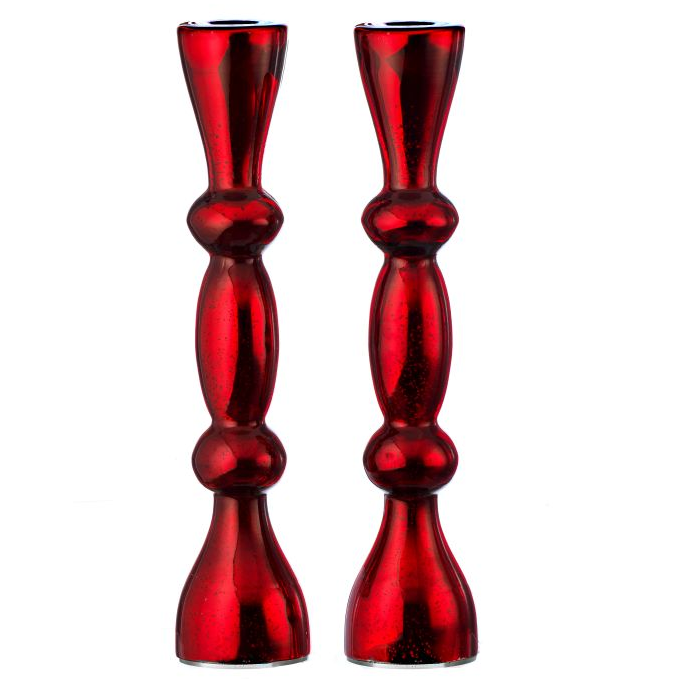 "Set de 2 Portavelas de Vidrio Rojo, 14"""