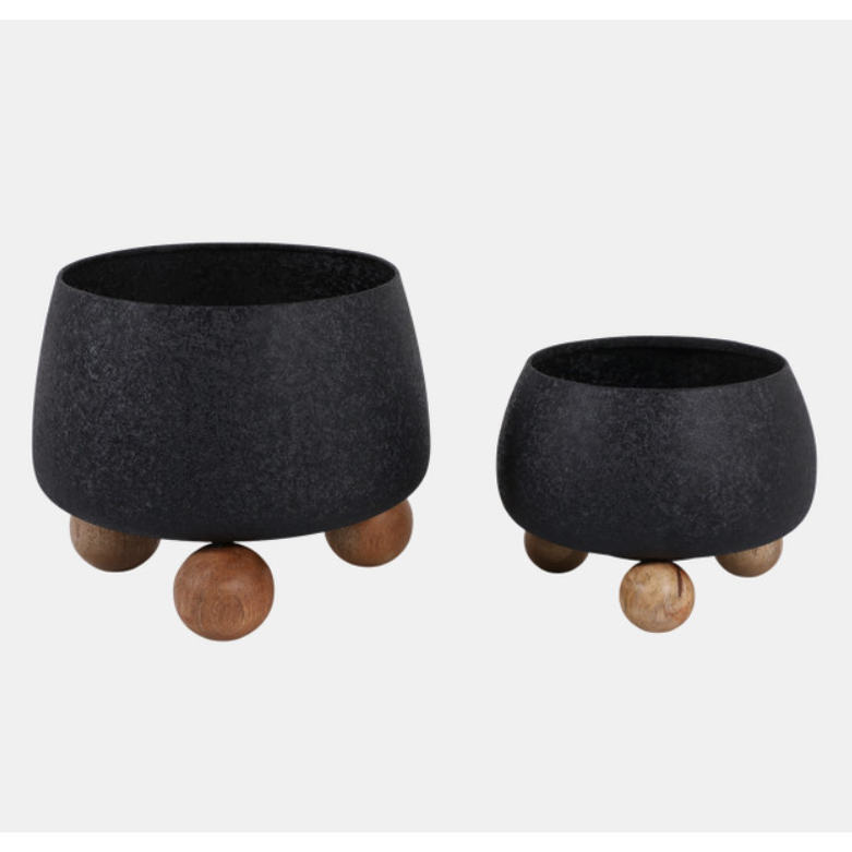 Macetas Redondas con Patas de Madera, Negras 9″