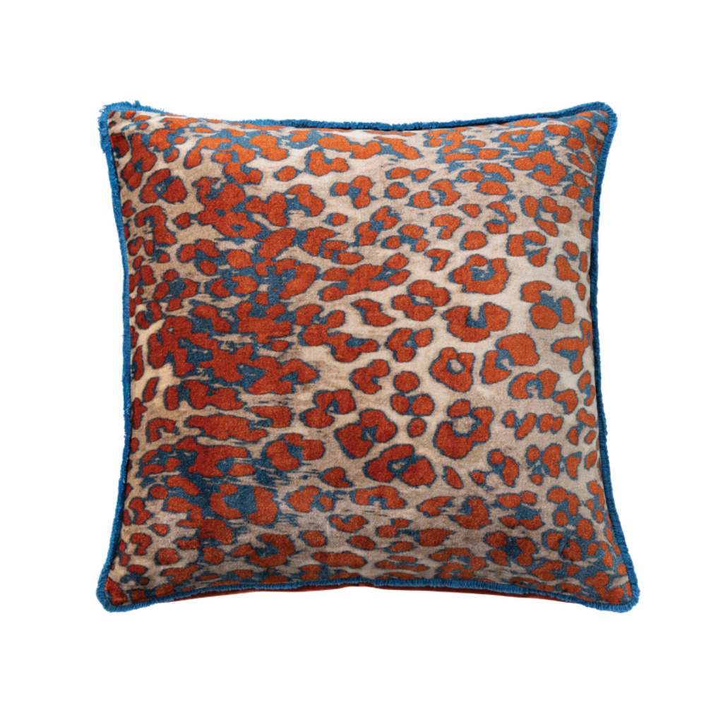 Cojín de Terciopelo de Algodón con Estampado de Leopardo y Flecos