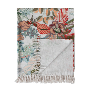 Throw de Algodón Estampado con Botánicos Tropicales y Flecos