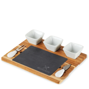 Set de Tabla de Acacia y Pizarra con Bowls de Cerámica