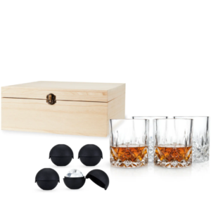 Set de 4 Vasos de Cristal para Licor con Esfera de Hielo y Caja de Madera