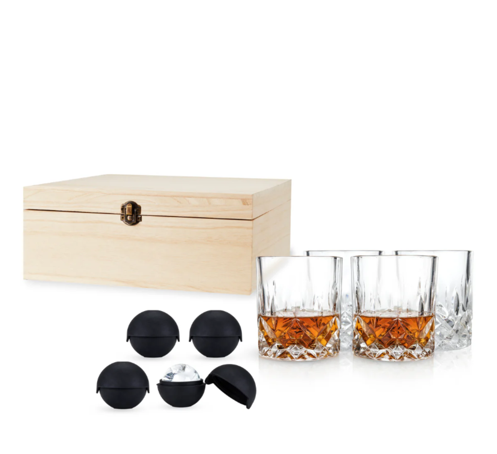 Set de 4 Vasos de Cristal para Licor con Esfera de Hielo y Caja de Madera