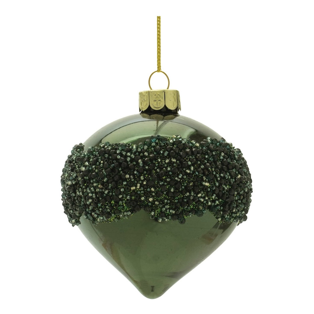 Adorno Navideño Colgante de Vidrio con Banda Escarchada, Verde Oscuro, 2 Estilos