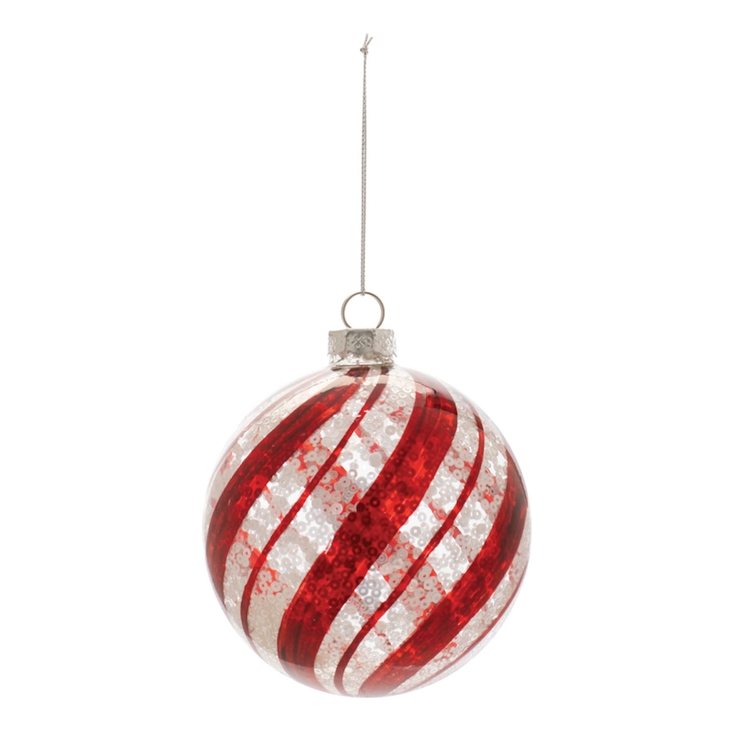 Esfera Navideña de Vidrio con Espiral Rojo y Blanco, 10.2 cm
