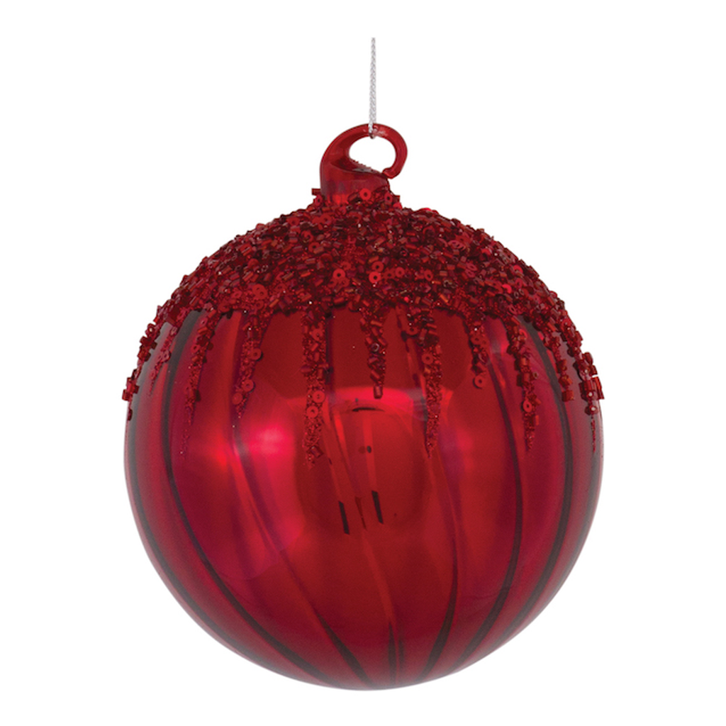 Adorno Navideño Colgante de Vidrio Acanalado con Escarcha, Rojo, Dos Formas