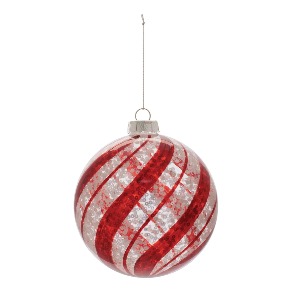 Esfera Navideña de Vidrio con Espiral Rojo y Blanco, 12.7 cm