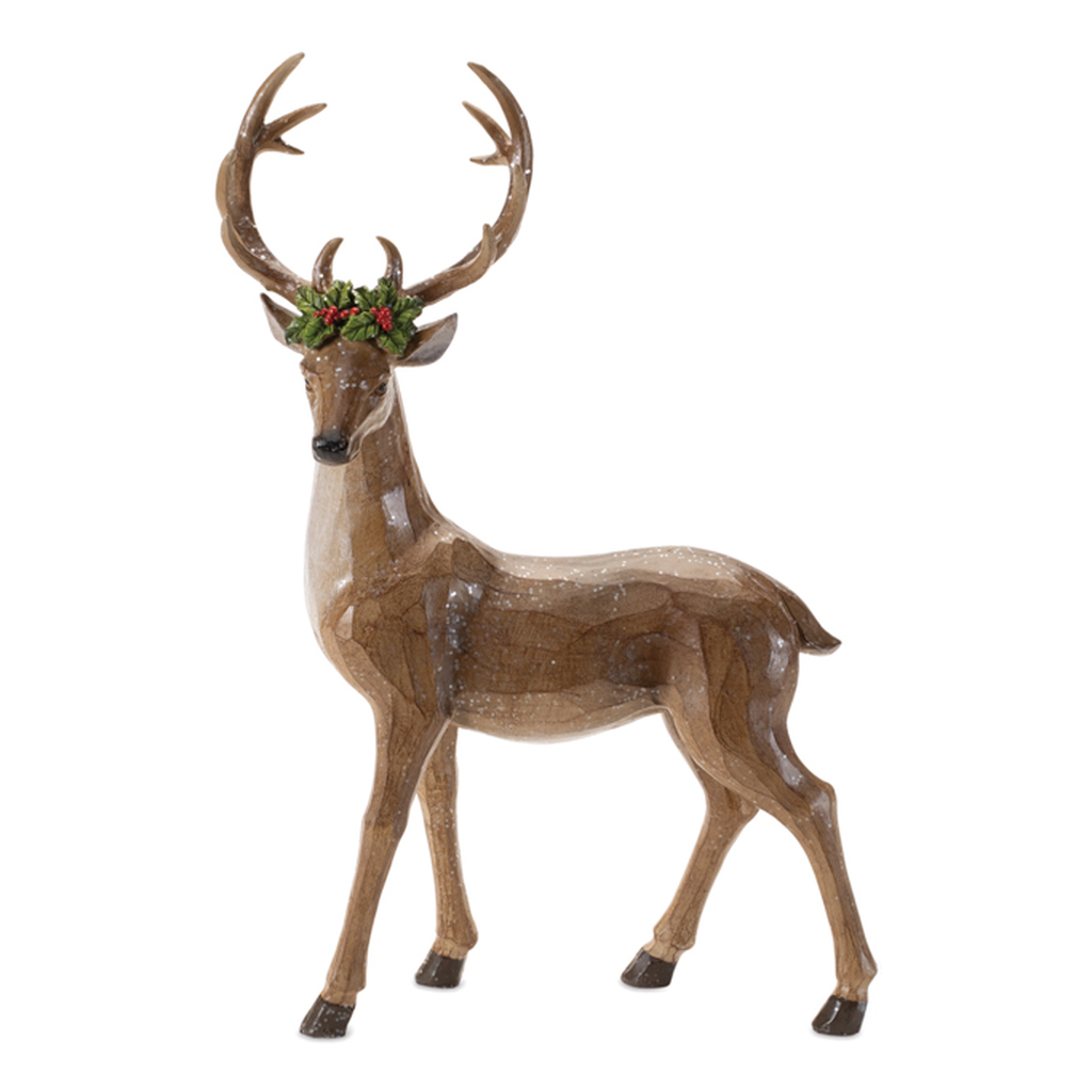 Figura de Venado de Pie con Corona de Acebo, Resina, 33 cm