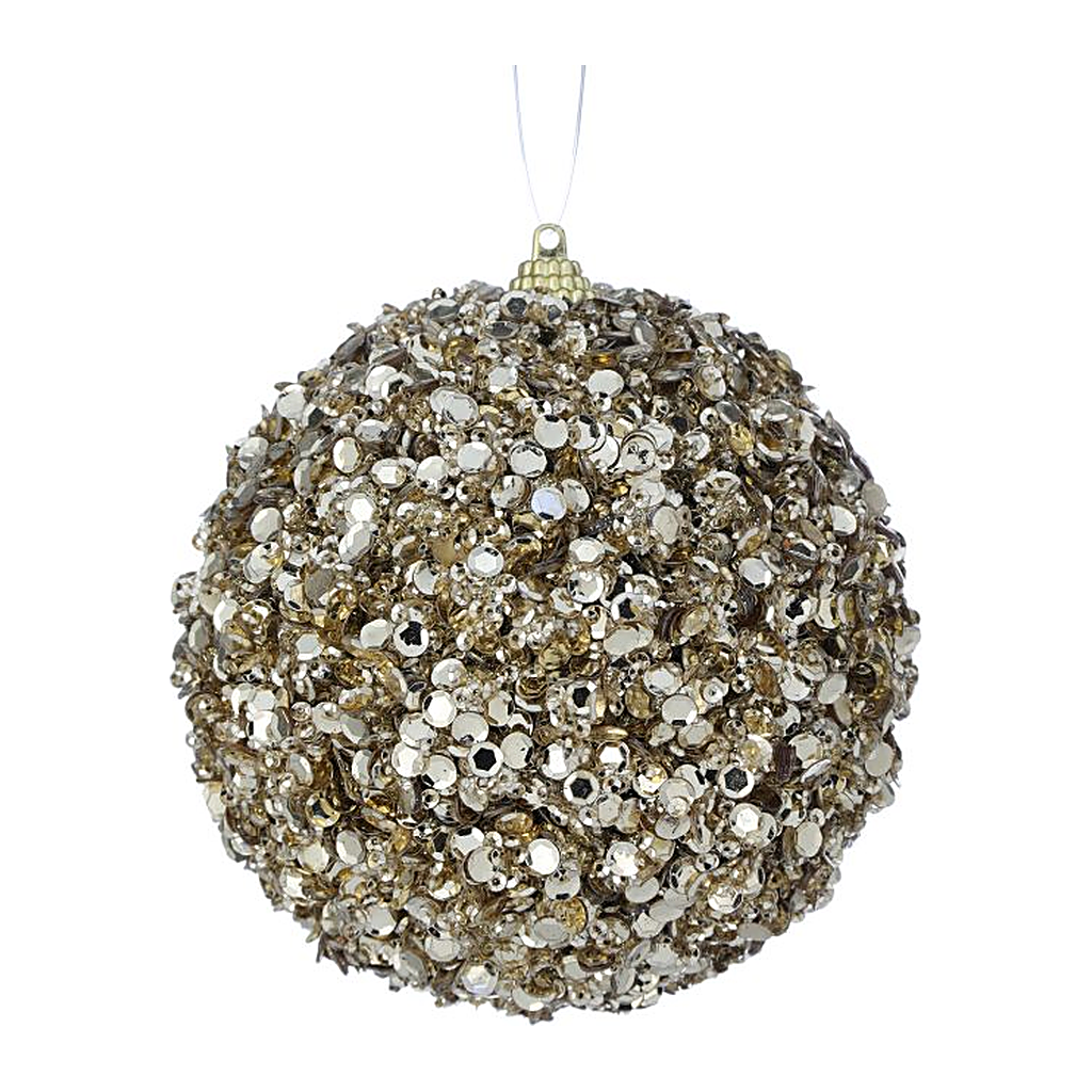 Esfera Navideña con Lentejuelas y Joyas Acrílicas, Dorado, 10 cm