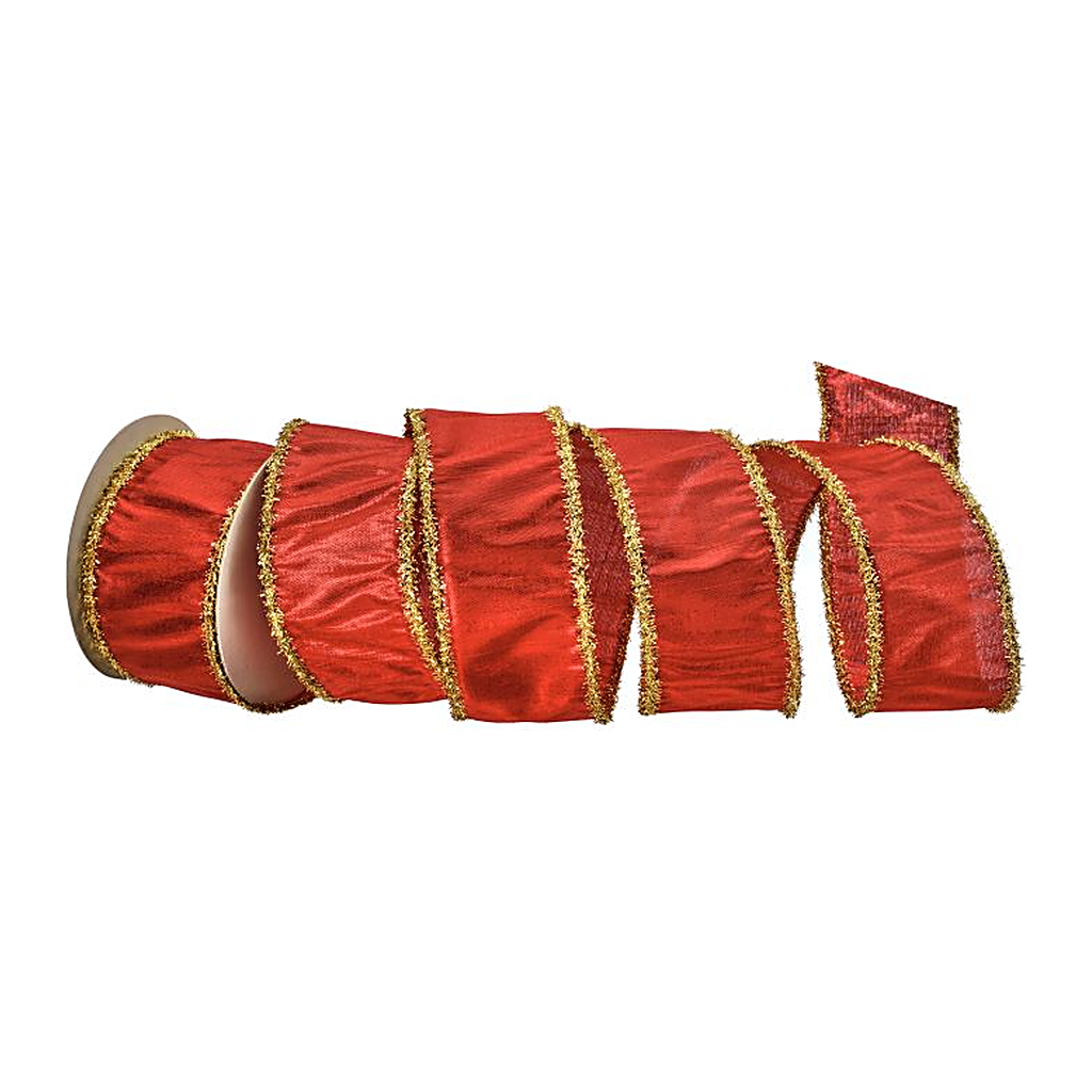 Listón Metalizado Dupion con Oropel, Rojo y Dorado
